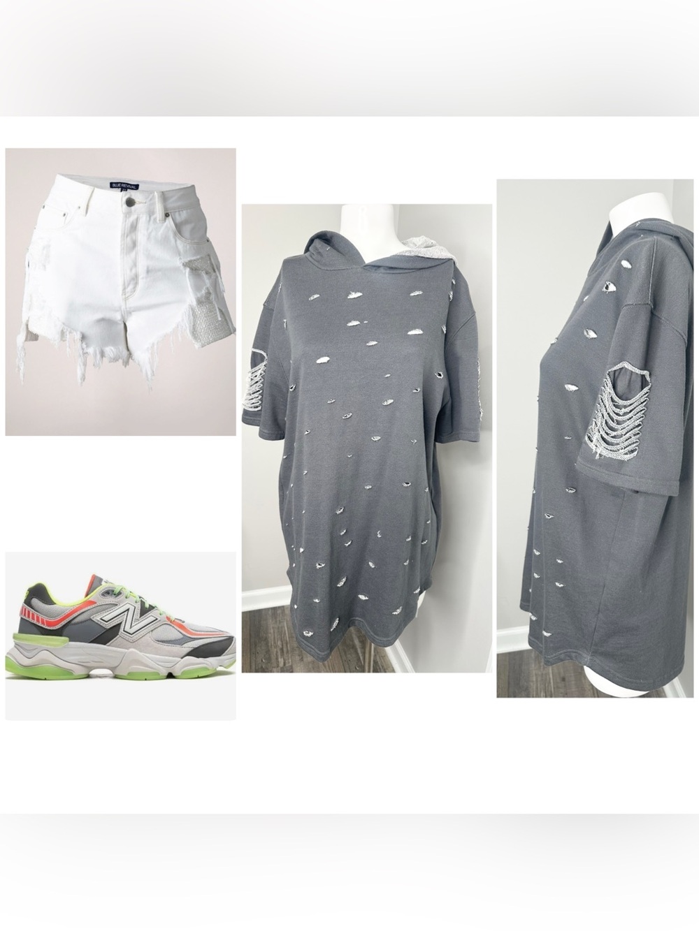 Carbon Distressed Gray Hooded Short-Sleeve Sweatshirt-large